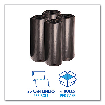 Boardwalk Recycled Low-Density Polyethylene Can Liners, 60 gal, 1.6 mil, 38" x 58", Black, Perforated, 10 Bags/Roll, 10 Rolls/Carton (BWK523)
