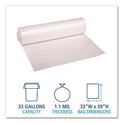 Boardwalk Recycled Low-Density Polyethylene Can Liners, 33 gal, 1.1 mil, 33" x 39", Clear, Perforated, 10 Bags/Roll, 10 Rolls/Carton (BWK530)