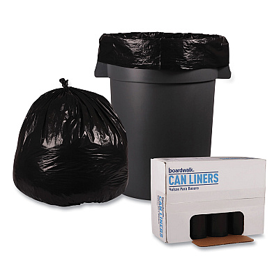 Boardwalk Recycled Low-Density Polyethylene Can Liners, 45 gal, 1.6 mil, 40" x 46", Black, Perforated, 10 Bags/Roll, 10 Rolls/Carton (BWK521)
