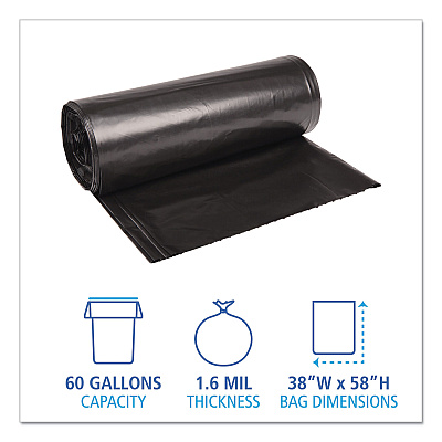 Boardwalk Recycled Low-Density Polyethylene Can Liners, 60 gal, 1.6 mil, 38" x 58", Black, Perforated, 10 Bags/Roll, 10 Rolls/Carton (BWK523)