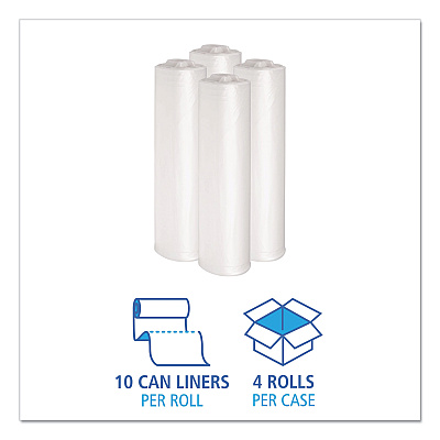 Boardwalk Recycled Low-Density Polyethylene Can Liners, 33 gal, 1.1 mil, 33" x 39", Clear, Perforated, 10 Bags/Roll, 10 Rolls/Carton (BWK530)