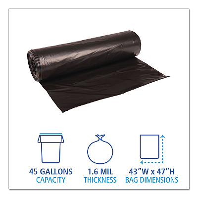 Boardwalk Recycled Low-Density Polyethylene Can Liners, 56 gal, 1.6 mil, 43" x 47", Black, Perforated, 20 Bags/Roll, 5 Rolls/Carton (BWK522)