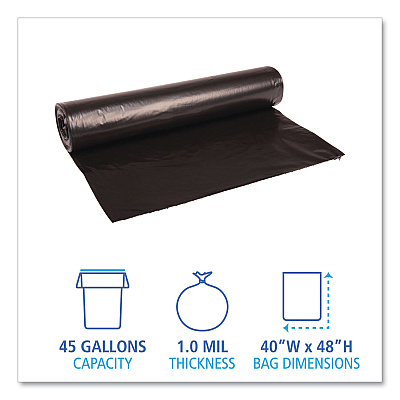 Boardwalk Recycled Low-Density Polyethylene Can Liners, 45 gal, 0.8 mil, 40" x 48", Black, Perforated, 10 Bags/Roll, 10 Rolls/Carton (BWK527)