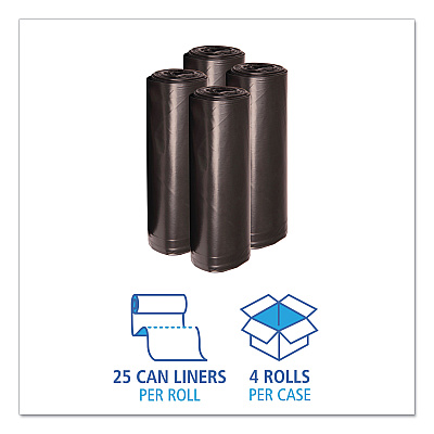 Boardwalk Recycled Low-Density Polyethylene Can Liners, 60 gal, 1.2 mil, 38" x 58", Black, Perforated, 10 Bags/Roll, 10 Rolls/Carton (BWK519)