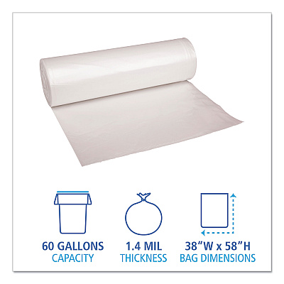 Boardwalk Recycled Low-Density Polyethylene Can Liners, 60 gal, 1.4 mil, 38" x 58", Clear, Perforated, 10 Bags/Roll, 10 Rolls/Carton (BWK537)