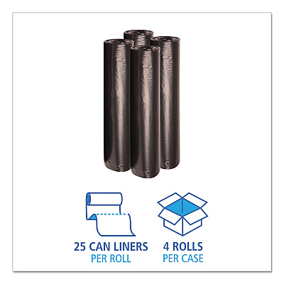 Boardwalk Recycled Low-Density Polyethylene Can Liners, 45 gal, 0.8 mil, 40" x 48", Black, Perforated, 10 Bags/Roll, 10 Rolls/Carton (BWK527)
