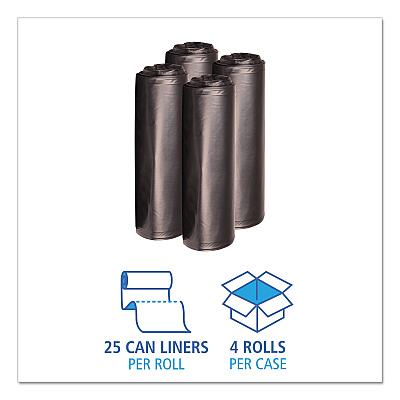 Boardwalk Recycled Low-Density Polyethylene Can Liners, 33 gal, 1.6 mil, 33" x 39", Black, Perforated, 10 Bags/Roll, 10 Rolls/Carton (BWK520)