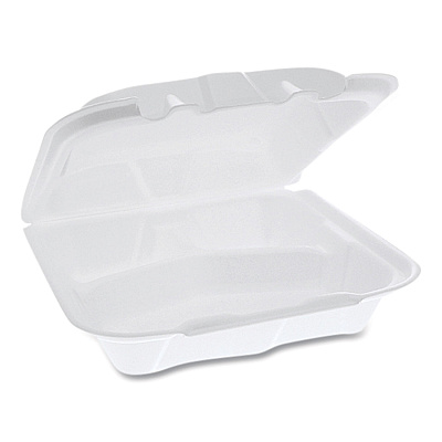 Pactiv Evergreen Vented Foam Hinged Lid Container, Dual Tab Lock, 3-Compartment, 8.42 x 8.15 x 3, White, 150/Carton (PCTYTD188030000)