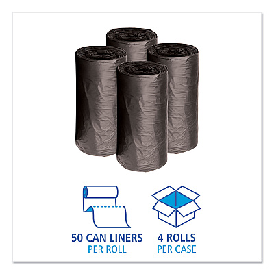 Boardwalk Low-Density Waste Can Liners, 10 gal, 0.35 mil, 24" x 23", Black, Perforated Roll, 50 Bags/Roll, 10 Rolls/Carton (BWK2423L)