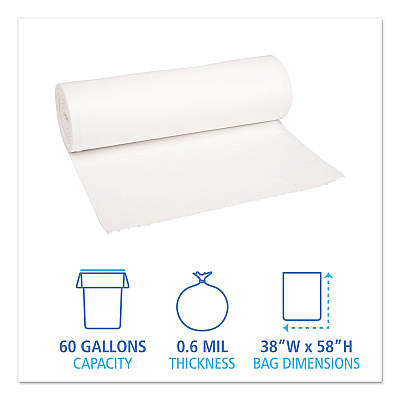 Boardwalk Low-Density Waste Can Liners, 60 gal, 0.6 mil, 38" x 58", White, Perforated Roll, 25 Bags/Roll, 4 Rolls/Carton (BWK3858EXH)