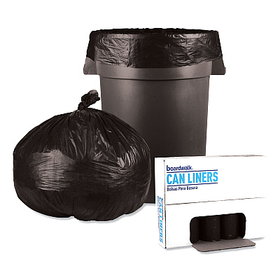 Boardwalk Low-Density Waste Can Liners, 60 gal, 0.65 mil, 38" x 58", Black, Perforated Roll, 25 Bags/Roll, 4 Rolls/Carton (BWK3858H)