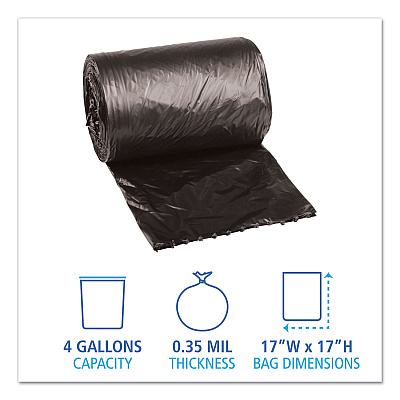 Boardwalk Low-Density Waste Can Liners, 4 gal, 0.35 mil, 17" x 17", Black, Perforated Roll, 50 Bags/Roll, 20 Rolls/Carton (BWK1717L)