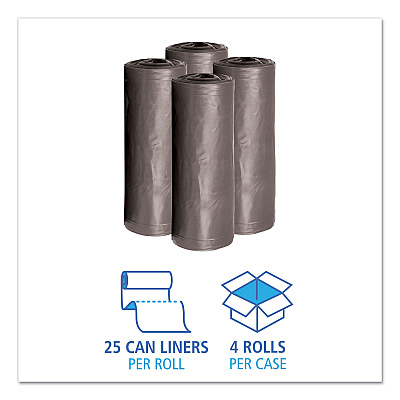 Boardwalk Low-Density Waste Can Liners, 30 gal, 0.95 mil, 30" x 36", Gray, Perforated Roll, 25 Bags/Roll, 4 Rolls/Carton (BWK3036SH)