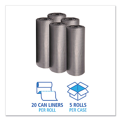 Boardwalk Low-Density Waste Can Liners, 60 gal, 1.1 mil, 38" x 58", Gray, Perforated Roll, 20 Bags/Roll, 5 Rolls/Carton (BWK3858SEH)