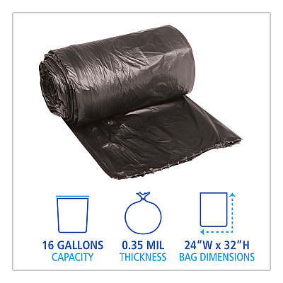 Boardwalk Low-Density Waste Can Liners, 16 gal, 0.35 mil, 24" x 32", Black, Perforated Roll, 50 Bags/Roll, 10 Rolls/Carton (BWK2432L)