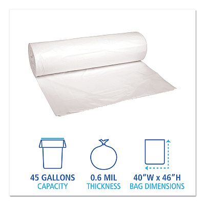 Boardwalk Low-Density Waste Can Liners, 45 gal, 0.6 mil, 40" x 46", White, Perforated Roll, 25 Bags/Roll, 4 Rolls/Carton (BWK4046EXH)