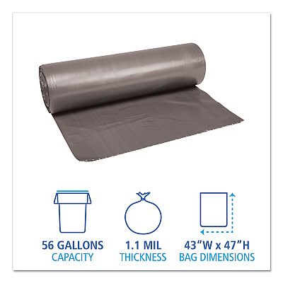 Boardwalk Low-Density Waste Can Liners, 56 gal, 1.1 mil, 43" x 47", Gray, Perforated Roll, 20 Bags/Roll, 5 Rolls/Carton (BWK4347SEH)
