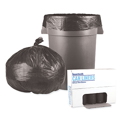 Boardwalk Low-Density Waste Can Liners, 45 gal, 0.6 mil, 40" x 46", Black, Perforated Roll, 25 Bags/Roll, 4 Rolls/Carton (BWK4046H)