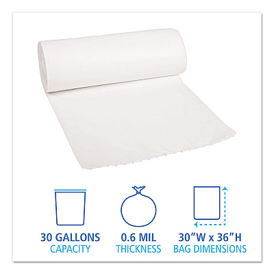 Boardwalk Low-Density Waste Can Liners, 30 gal, 0.6 mil, 30" x 36", White, Perforated Roll, 25 Bags/Roll, 8 Rolls/Carton (BWK3036EXH)