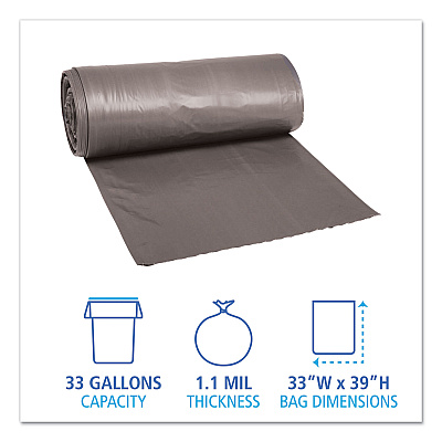 Boardwalk Low-Density Waste Can Liners, 33 gal, 1.1 mil, 33" x 39", Gray, Perforated Roll, 25 Bags/Roll, 4 Rolls/Carton (BWK3339SEH)
