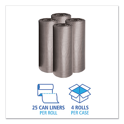 Boardwalk Low-Density Waste Can Liners, 45 gal, 0.95 mil, 40" x 46", Gray, Perforated Roll, 25 Bags/Roll, 4 Rolls/Carton (BWK4046SH)
