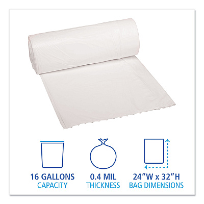 Boardwalk Low-Density Waste Can Liners, 16 gal, 0.4 mil, 24" x 32", White, Perforated Roll, 25 Bags/Roll, 20 Rolls/Carton (BWK2432EXH)