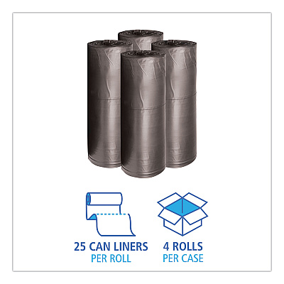Boardwalk Low-Density Waste Can Liners, 60 gal, 0.65 mil, 38" x 58", Black, Perforated Roll, 25 Bags/Roll, 4 Rolls/Carton (BWK3858H)