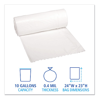 Boardwalk Low-Density Waste Can Liners, 10 gal, 0.4 mil, 24" x 23", White, Perforated Roll, 25 Bags/Roll, 20 Rolls/Carton (BWK2423EXH)