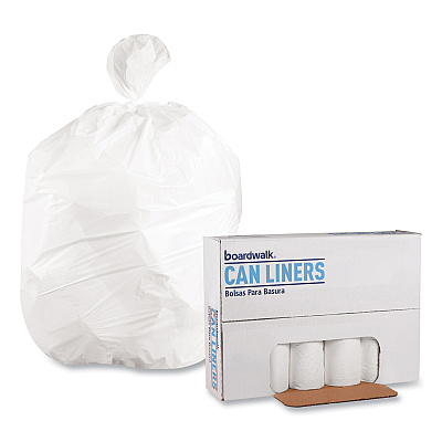 Boardwalk Low-Density Waste Can Liners, 10 gal, 0.4 mil, 24" x 23", White, Perforated Roll, 25 Bags/Roll, 20 Rolls/Carton (BWK2423EXH)