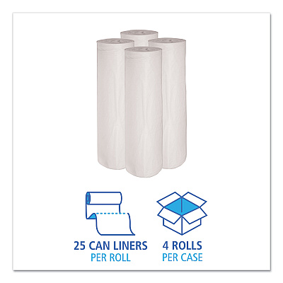 Boardwalk Low-Density Waste Can Liners, 45 gal, 0.6 mil, 40" x 46", White, Perforated Roll, 25 Bags/Roll, 4 Rolls/Carton (BWK4046EXH)