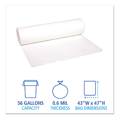 Boardwalk Low-Density Waste Can Liners, 56 gal, 0.6 mil, 43" x 47", White, Perforated Roll, 25 Bags/Roll, 4 Rolls/Carton (BWK4347EXH)