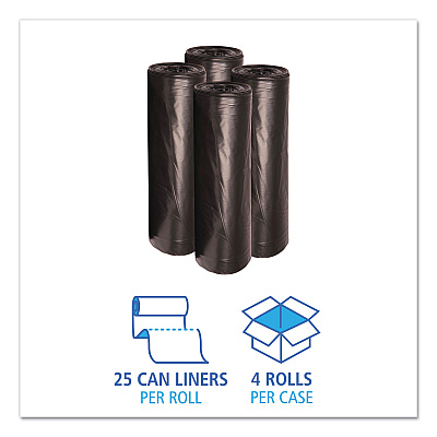 Boardwalk Low-Density Waste Can Liners, 56 gal, 0.6 mil, 43" x 47", Black, Perforated Roll, 25 Bags/Roll, 4 Rolls/Carton (BWK4347H)