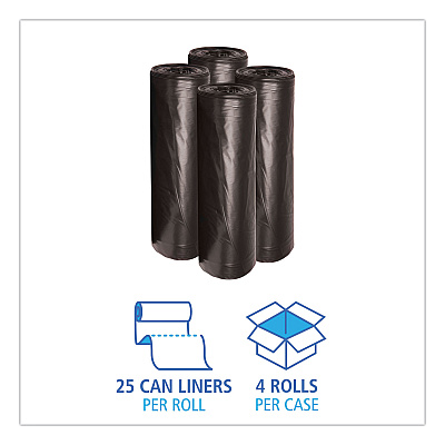 Boardwalk Low-Density Waste Can Liners, 45 gal, 0.6 mil, 40" x 46", Black, Perforated Roll, 25 Bags/Roll, 4 Rolls/Carton (BWK4046H)