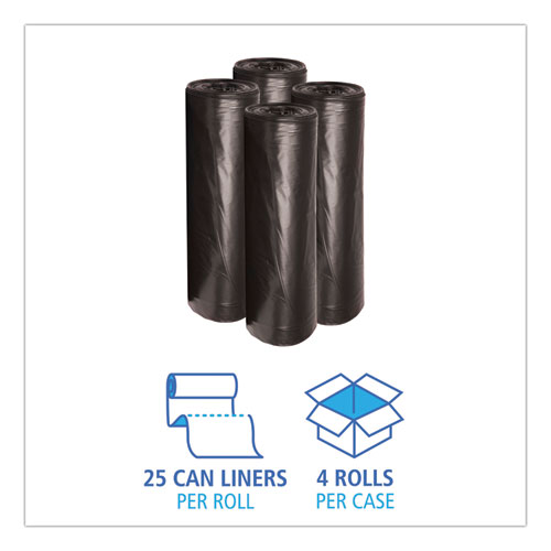 Boardwalk Low-Density Waste Can Liners, 45 gal, 0.6 mil, 40" x 46", Black, 25 Bags/Roll, 4 Rolls/Carton (4046H)
