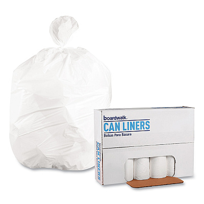 Boardwalk Low-Density Waste Can Liners, 60 gal, 0.6 mil, 38" x 58", White, Perforated Roll, 25 Bags/Roll, 4 Rolls/Carton (BWK3858EXH)