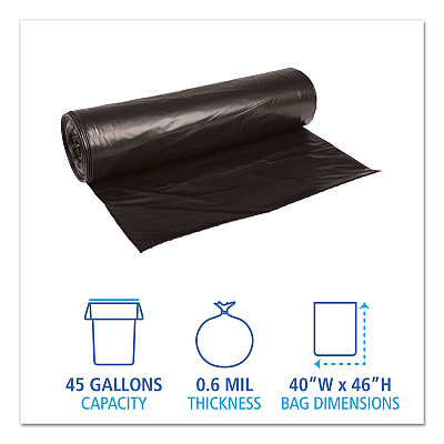 Boardwalk Low-Density Waste Can Liners, 45 gal, 0.6 mil, 40" x 46", Black, Perforated Roll, 25 Bags/Roll, 4 Rolls/Carton (BWK4046H)