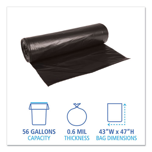 Boardwalk Low-Density Waste Can Liners, 56 gal, 0.6 mil, 43" x 47", Black, 25 Bags/Roll, 4 Rolls/Carton (4347H)