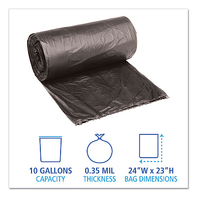 Boardwalk Low-Density Waste Can Liners, 10 gal, 0.35 mil, 24" x 23", Black, Perforated Roll, 50 Bags/Roll, 10 Rolls/Carton (BWK2423L)
