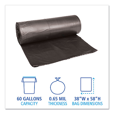 Boardwalk Low-Density Waste Can Liners, 60 gal, 0.65 mil, 38" x 58", Black, Perforated Roll, 25 Bags/Roll, 4 Rolls/Carton (BWK3858H)