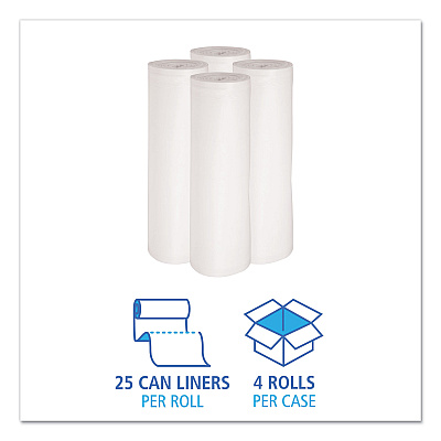 Boardwalk Low-Density Waste Can Liners, 60 gal, 0.6 mil, 38" x 58", White, Perforated Roll, 25 Bags/Roll, 4 Rolls/Carton (BWK3858EXH)