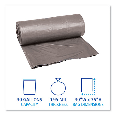 Boardwalk Low-Density Waste Can Liners, 30 gal, 0.95 mil, 30" x 36", Gray, Perforated Roll, 25 Bags/Roll, 4 Rolls/Carton (BWK3036SH)