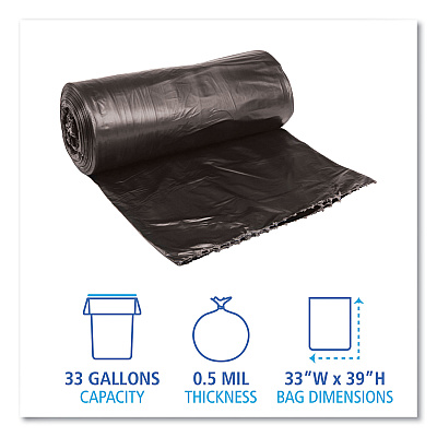 Boardwalk Low-Density Waste Can Liners, 33 gal, 0.5 mil, 33" x 39", Black, Perforated Roll, 25 Bags/Roll, 8 Rolls/Carton (BWK3339H)