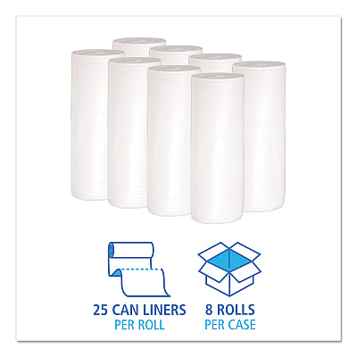 Boardwalk Low-Density Waste Can Liners, 30 gal, 0.6 mil, 30" x 36", White, Perforated Roll, 25 Bags/Roll, 8 Rolls/Carton (BWK3036EXH)