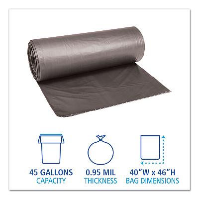 Boardwalk Low-Density Waste Can Liners, 45 gal, 0.95 mil, 40" x 46", Gray, Perforated Roll, 25 Bags/Roll, 4 Rolls/Carton (BWK4046SH)