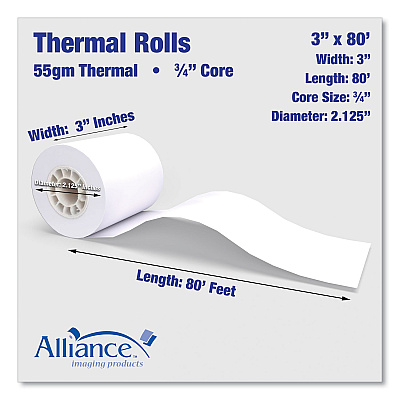 Alliance Rubber Rubber Rubber Thermal Cash Register/POS Roll, 3" x 80 ft, White, 36/Carton (AIP3555)