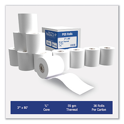 Alliance Rubber Rubber Rubber Thermal Cash Register/POS Roll, 3" x 80 ft, White, 36/Carton (AIP3555)