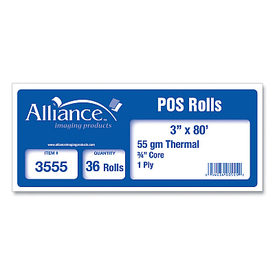Alliance Rubber Rubber Rubber Thermal Cash Register/POS Roll, 3" x 80 ft, White, 36/Carton (AIP3555)