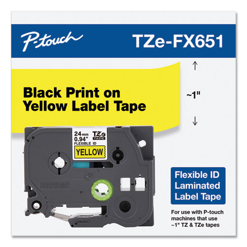 Brother TZe Flexible Tape Cartridge for P-Touch Labelers, 0.94" x 26.2 ft, Black on Yellow (TZEFX651)