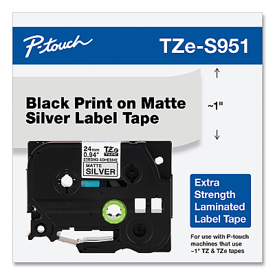 Brother TZ Extra-Strength Adhesive Laminated Labeling Tape, 0.94" x 26.2 ft, Black on Matte Silver (BRTTZES951)