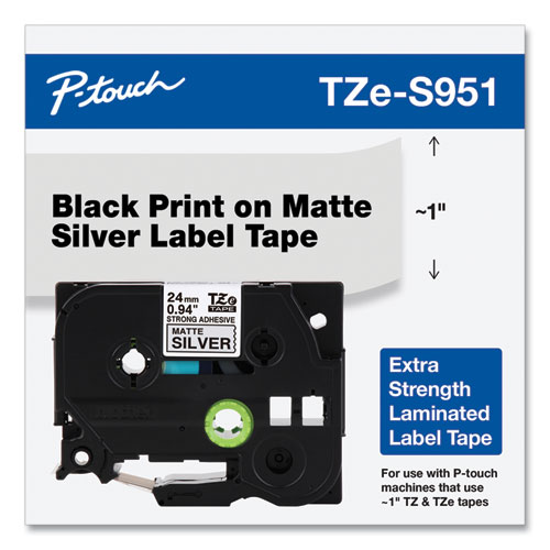 Brother TZ Extra-Strength Adhesive Laminated Labeling Tape, 0.94" x 26.2 ft, Black on Matte Silver (TZES951)